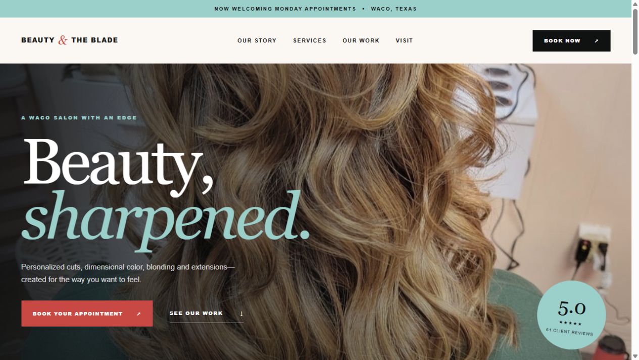 Beauty and the Blade salon website homepage